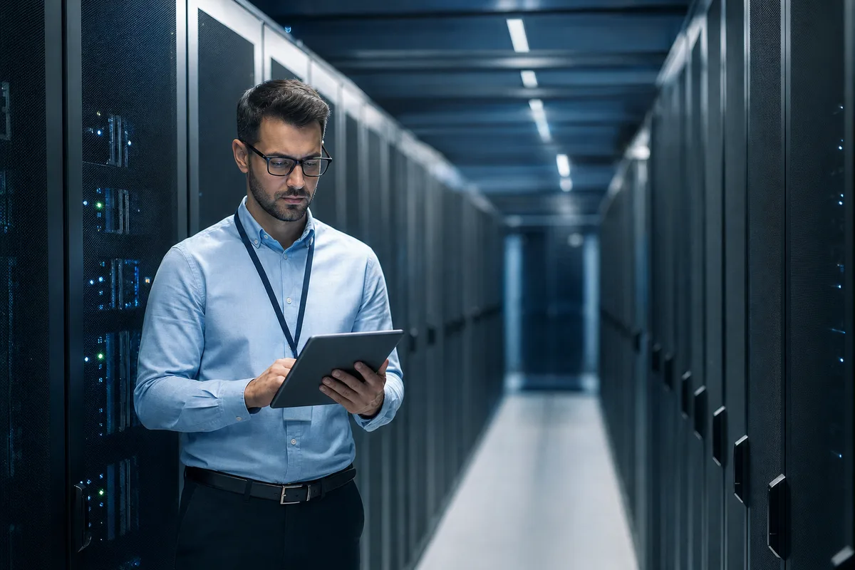 Engineer reviewing infrastructure in a modern enterprise data center